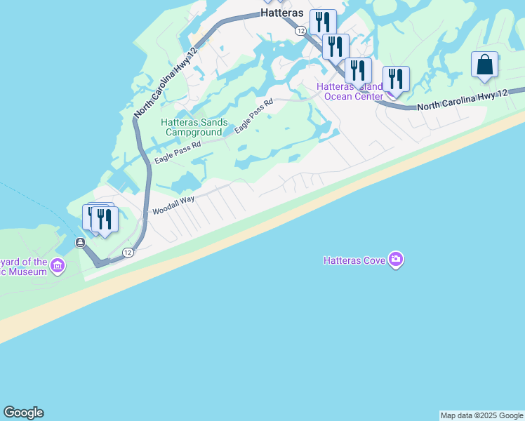 map of restaurants, bars, coffee shops, grocery stores, and more near 57523 Lighthouse Road in Hatteras