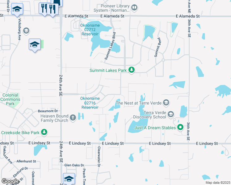 map of restaurants, bars, coffee shops, grocery stores, and more near 2917 Summit Terrace Drive in Norman