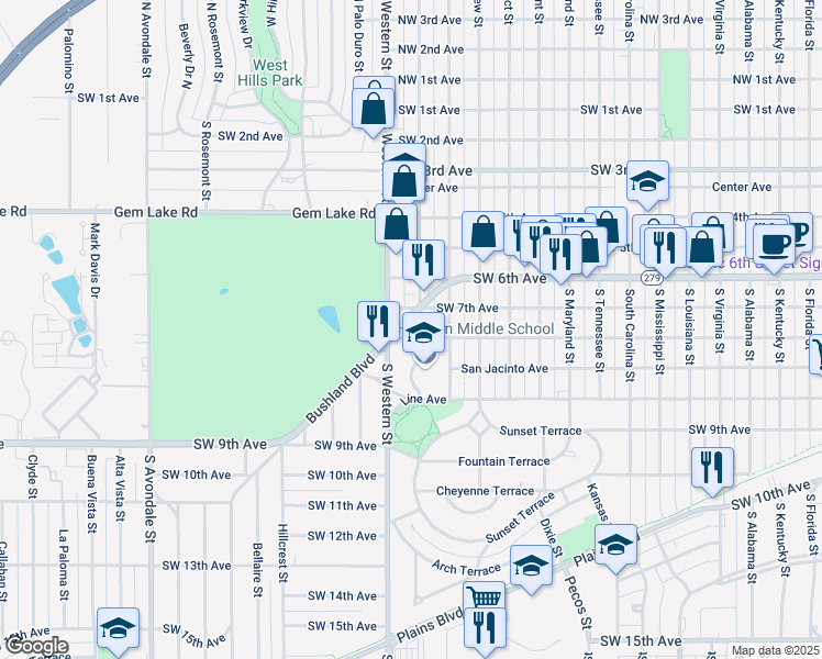 map of restaurants, bars, coffee shops, grocery stores, and more near 4100 Southwest 8th Avenue in Amarillo
