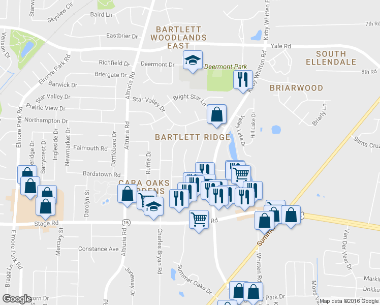 map of restaurants, bars, coffee shops, grocery stores, and more near 3076 Orion Cove in Bartlett
