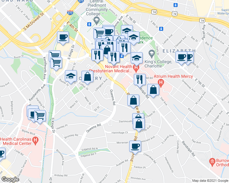 map of restaurants, bars, coffee shops, grocery stores, and more near 259 Queens Rd in Charlotte