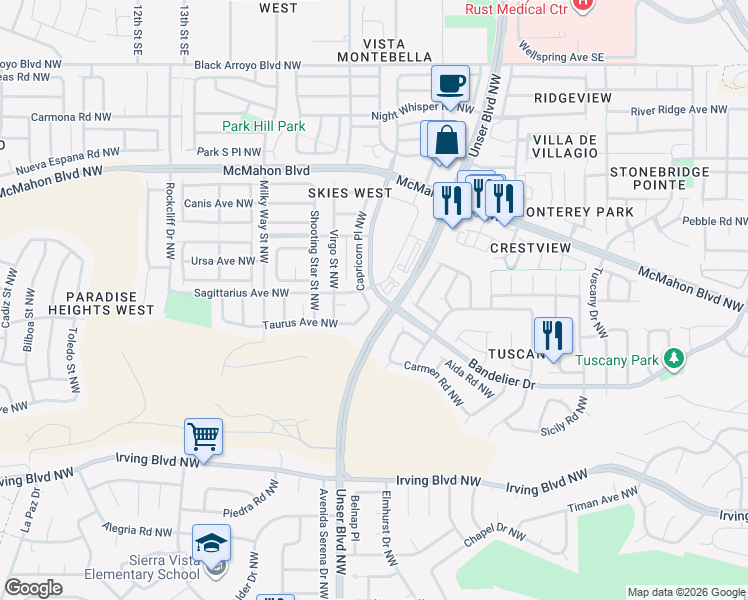 map of restaurants, bars, coffee shops, grocery stores, and more near 10504 Capricorn Place Northwest in Albuquerque