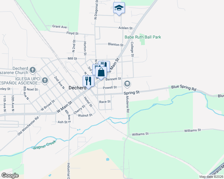 map of restaurants, bars, coffee shops, grocery stores, and more near 204 Powell St in Decherd