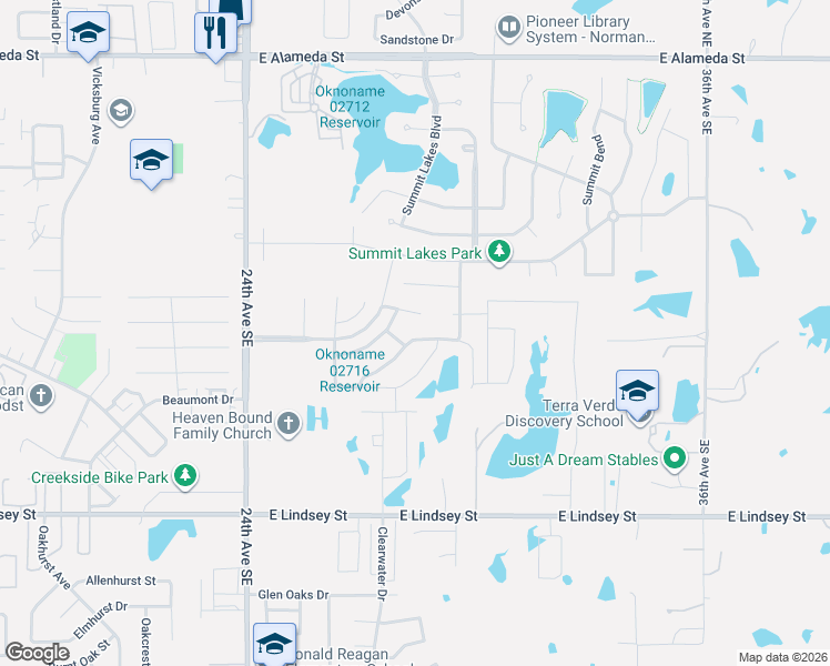 map of restaurants, bars, coffee shops, grocery stores, and more near 2809 Summit Terrace Drive in Norman