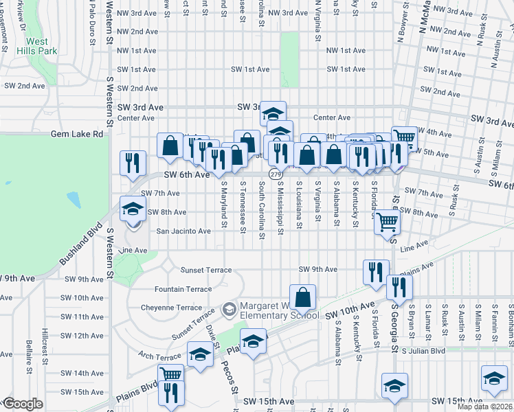 map of restaurants, bars, coffee shops, grocery stores, and more near 711 South Tennessee Street in Amarillo