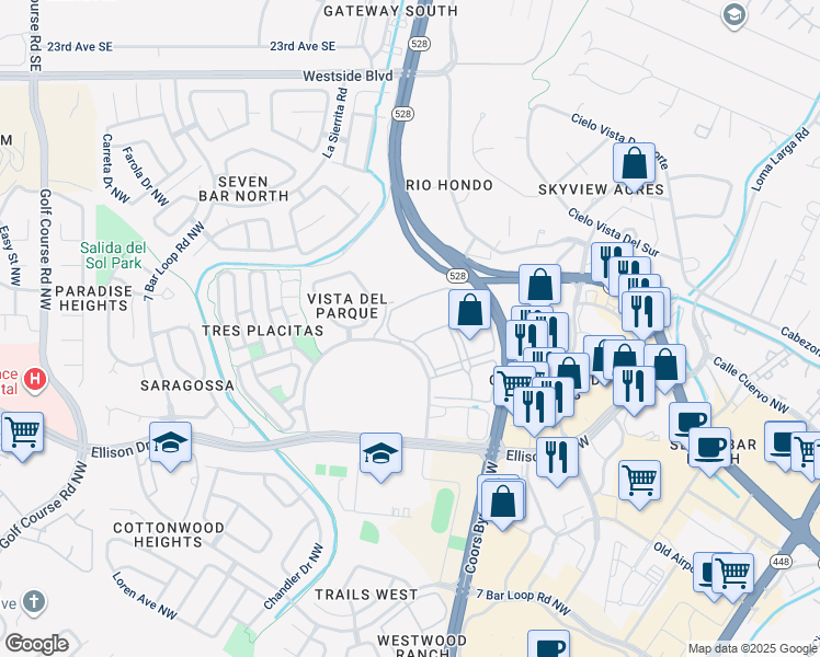 map of restaurants, bars, coffee shops, grocery stores, and more near 10600 Cibola Loop Northwest in Albuquerque