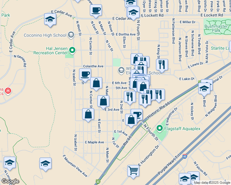 map of restaurants, bars, coffee shops, grocery stores, and more near 2116 North 1st Street in Flagstaff
