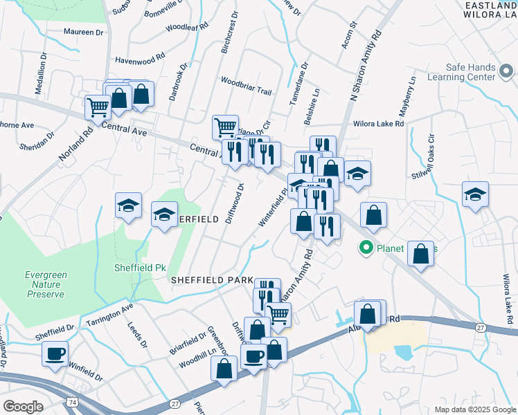 map of restaurants, bars, coffee shops, grocery stores, and more near 3517 Burner Drive in Charlotte