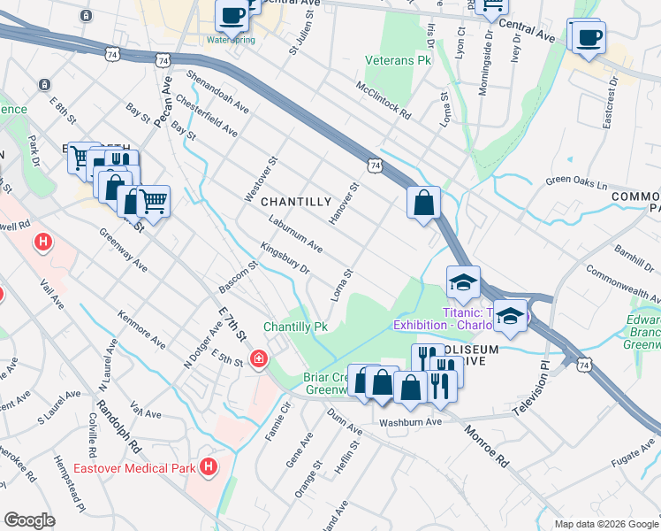 map of restaurants, bars, coffee shops, grocery stores, and more near 2532 Laburnum Avenue in Charlotte