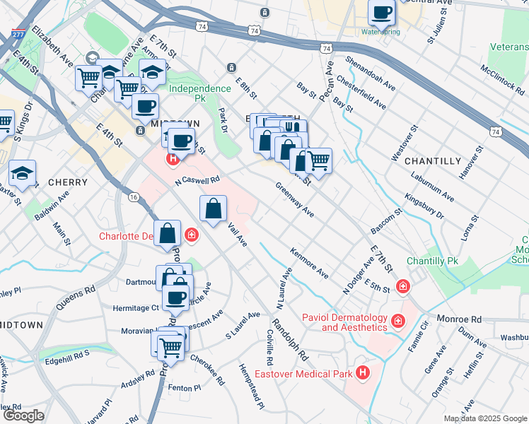 map of restaurants, bars, coffee shops, grocery stores, and more near 2124 East 5th Street in Charlotte