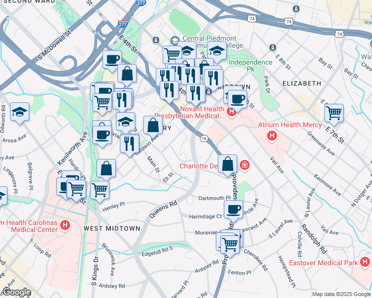 map of restaurants, bars, coffee shops, grocery stores, and more near 1717 Amherst Place in Charlotte