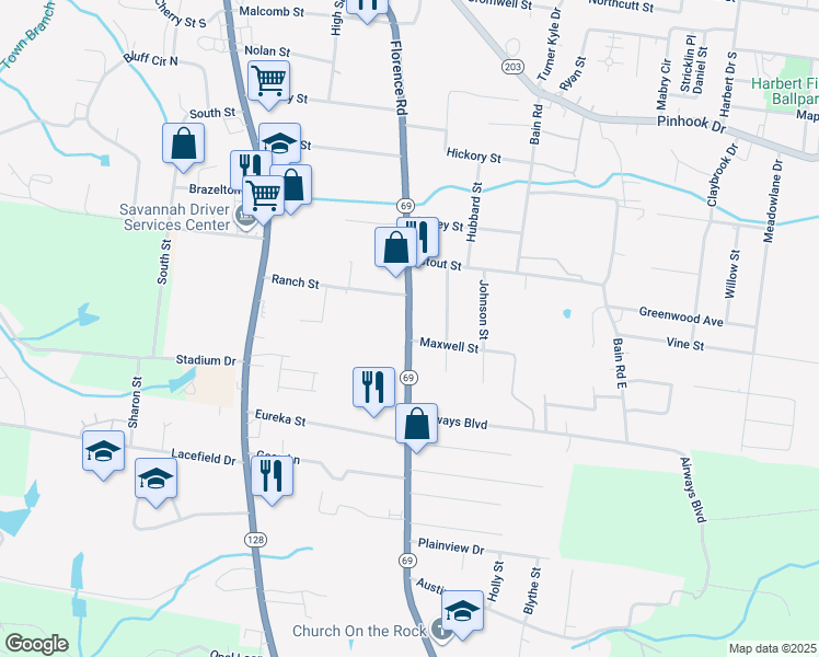 map of restaurants, bars, coffee shops, grocery stores, and more near 1035 Florence Road in Savannah