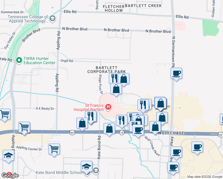 map of restaurants, bars, coffee shops, grocery stores, and more near 7850 Stage Hills Boulevard in Bartlett