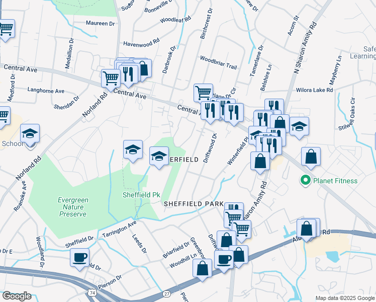 map of restaurants, bars, coffee shops, grocery stores, and more near 3727 Rosehaven Drive in Charlotte