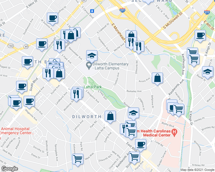 map of restaurants, bars, coffee shops, grocery stores, and more near 821 Romany Road in Charlotte