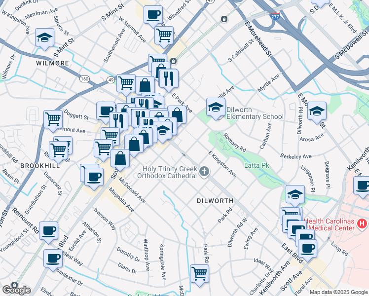 map of restaurants, bars, coffee shops, grocery stores, and more near in Charlotte