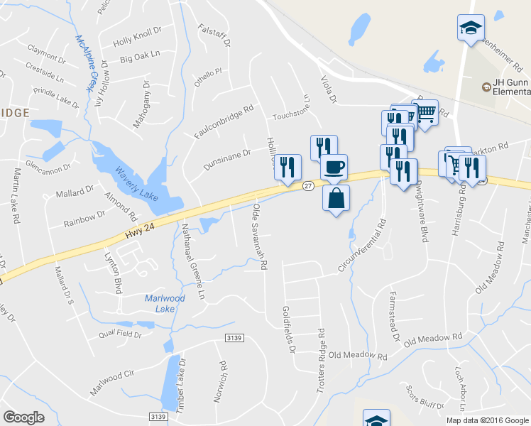 map of restaurants, bars, coffee shops, grocery stores, and more near 8716 Eli Whitney Court in Charlotte