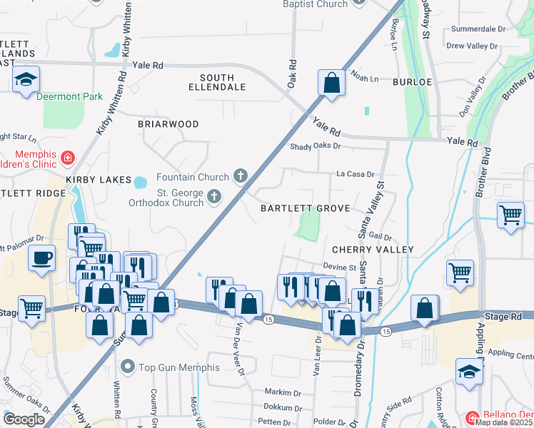 map of restaurants, bars, coffee shops, grocery stores, and more near 3075 Amber Rebecca Cove in Memphis