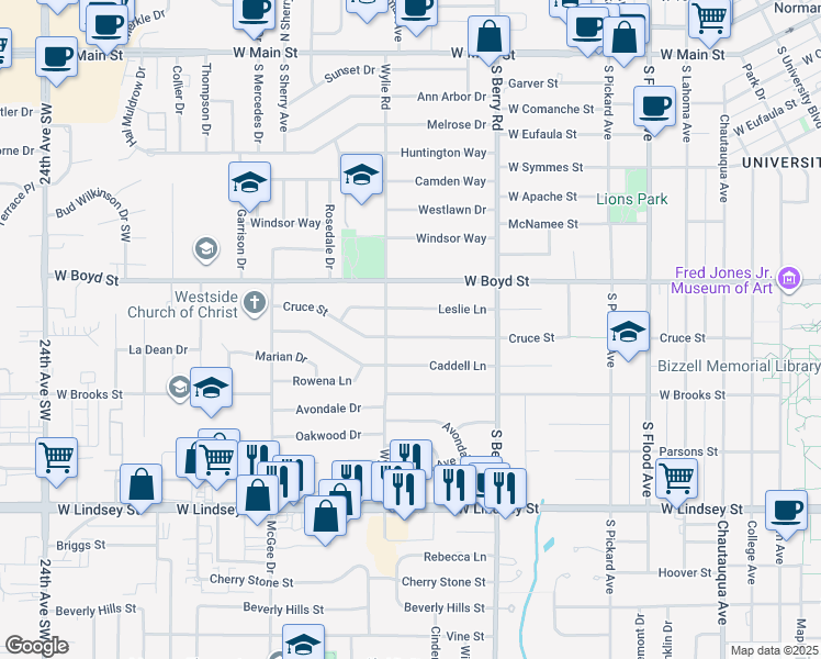 map of restaurants, bars, coffee shops, grocery stores, and more near 1219 Cruce Street in Norman