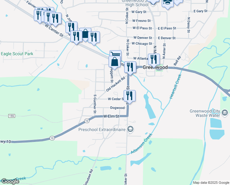 map of restaurants, bars, coffee shops, grocery stores, and more near 225 Mizell Road in Greenwood