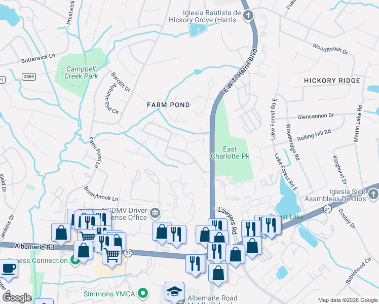 map of restaurants, bars, coffee shops, grocery stores, and more near 5828 Wallace Avenue in Charlotte