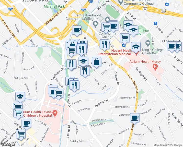 map of restaurants, bars, coffee shops, grocery stores, and more near 1601 Main Street in Charlotte
