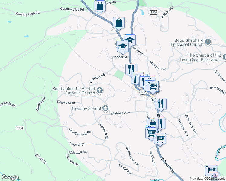 map of restaurants, bars, coffee shops, grocery stores, and more near 40 Lanier Street in Tryon