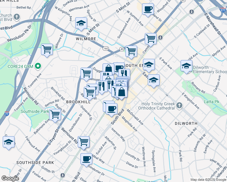 map of restaurants, bars, coffee shops, grocery stores, and more near 2127 Hawkins Street in Charlotte