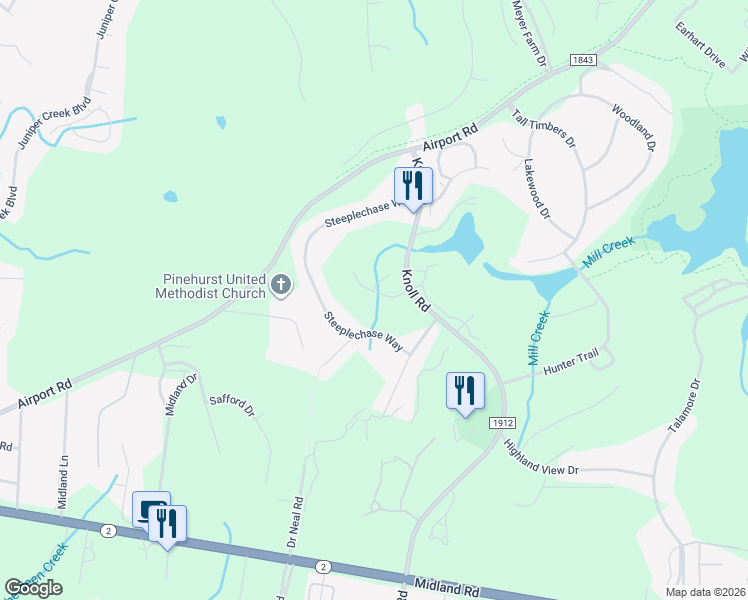 map of restaurants, bars, coffee shops, grocery stores, and more near 102 Steeplechase Way in Southern Pines