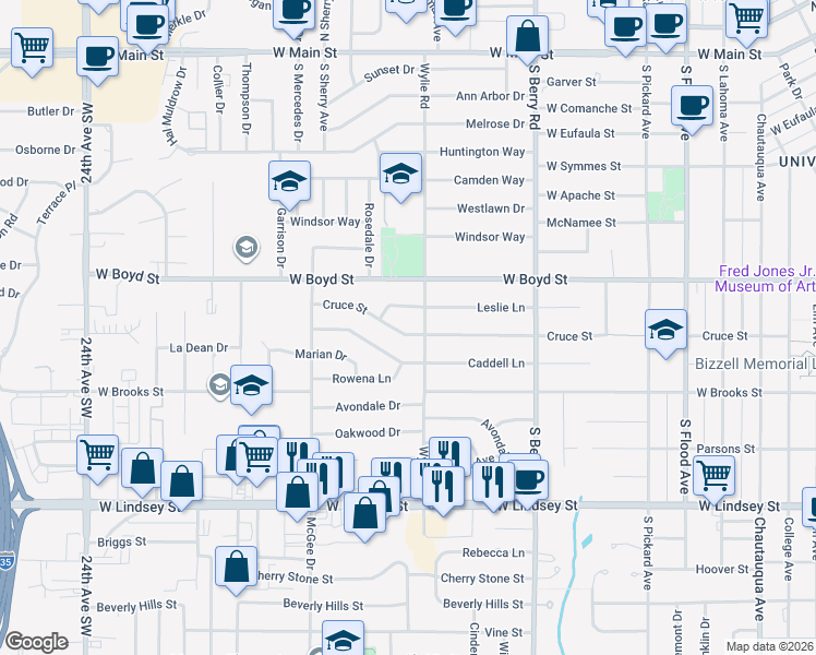 map of restaurants, bars, coffee shops, grocery stores, and more near 1513 Cruce Street in Norman