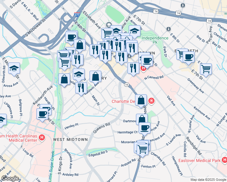 map of restaurants, bars, coffee shops, grocery stores, and more near 222 Queens Road in Charlotte