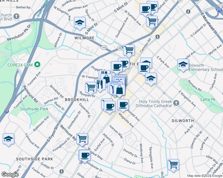 map of restaurants, bars, coffee shops, grocery stores, and more near 2127 Hawkins Street in Charlotte