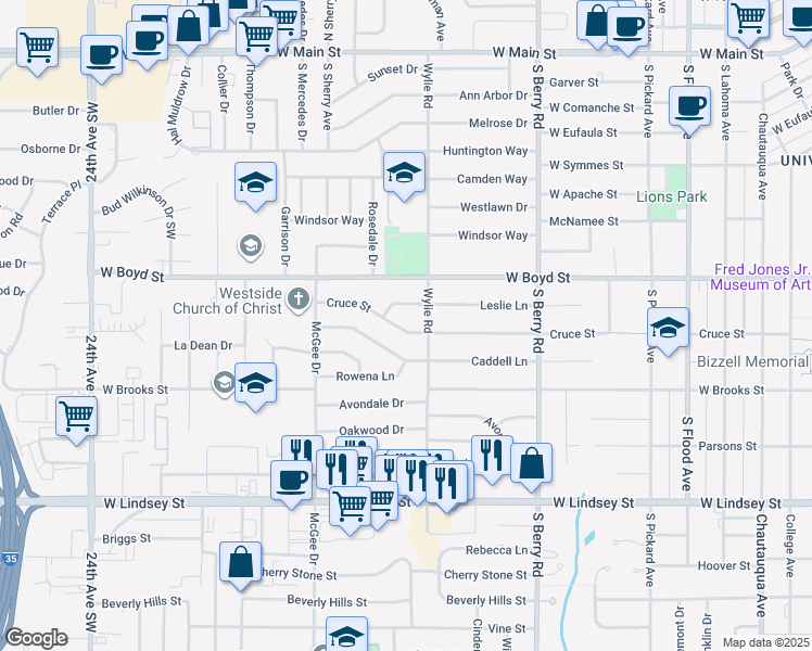 map of restaurants, bars, coffee shops, grocery stores, and more near 1513 Cruce Street in Norman