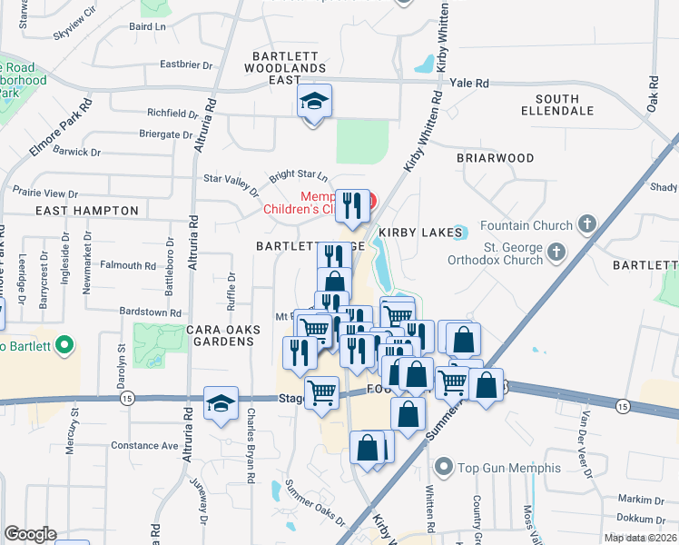 map of restaurants, bars, coffee shops, grocery stores, and more near 3071 Kirby Whitten Road in Bartlett