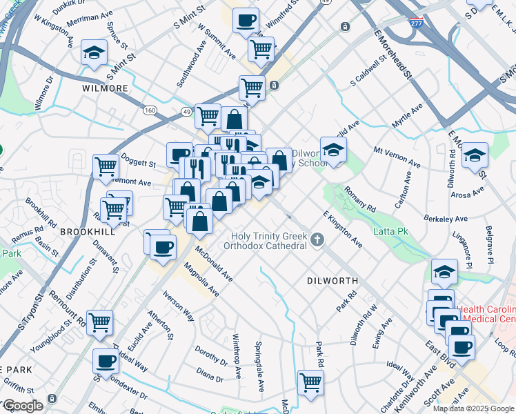 map of restaurants, bars, coffee shops, grocery stores, and more near 1818 Euclid Avenue in Charlotte