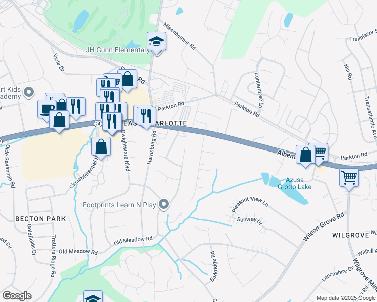 map of restaurants, bars, coffee shops, grocery stores, and more near 6730 Old Meadow Road in Charlotte