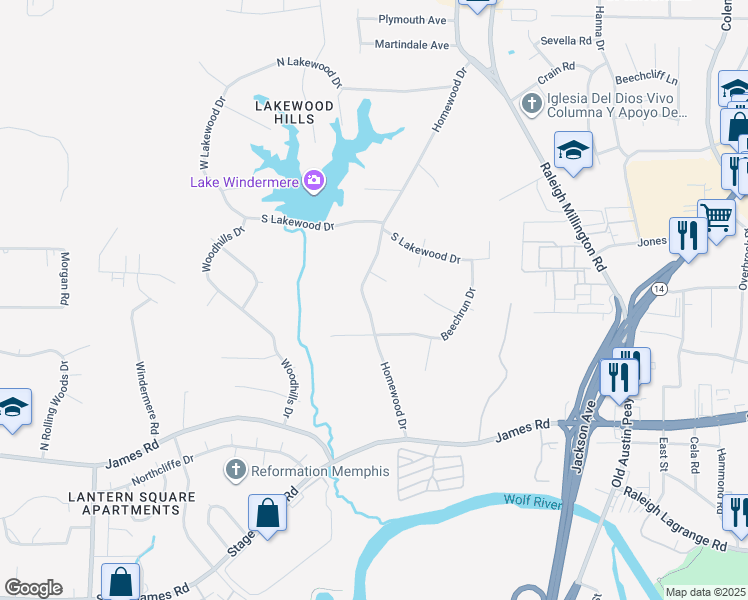 map of restaurants, bars, coffee shops, grocery stores, and more near 3074 Homewood Drive in Memphis