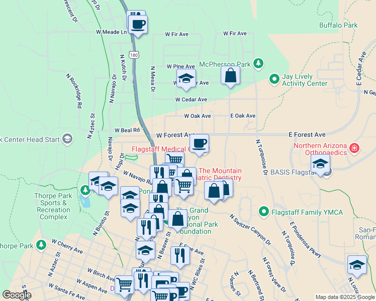 map of restaurants, bars, coffee shops, grocery stores, and more near 1215 North Beaver Street in Flagstaff