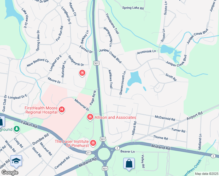 map of restaurants, bars, coffee shops, grocery stores, and more near 7 Kahkwa Trail in Pinehurst