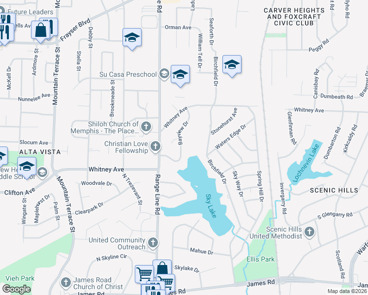 map of restaurants, bars, coffee shops, grocery stores, and more near 3084 Bayview Drive in Memphis