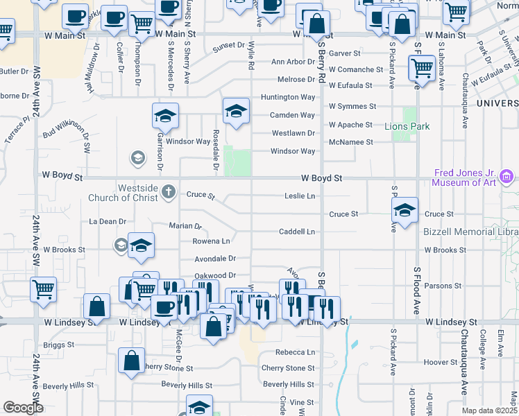 map of restaurants, bars, coffee shops, grocery stores, and more near 1219 Cruce Street in Norman