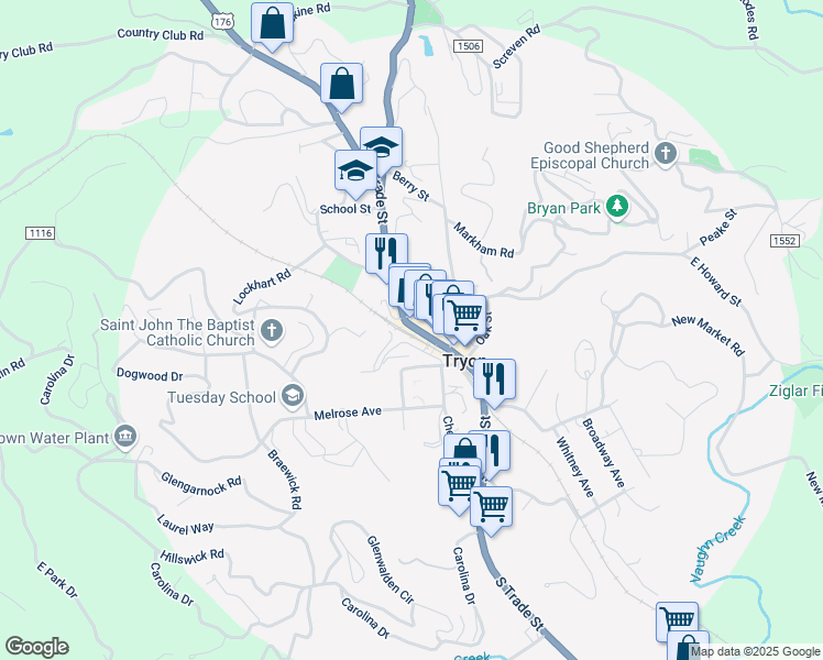 map of restaurants, bars, coffee shops, grocery stores, and more near 133 North Trade Street in Tryon