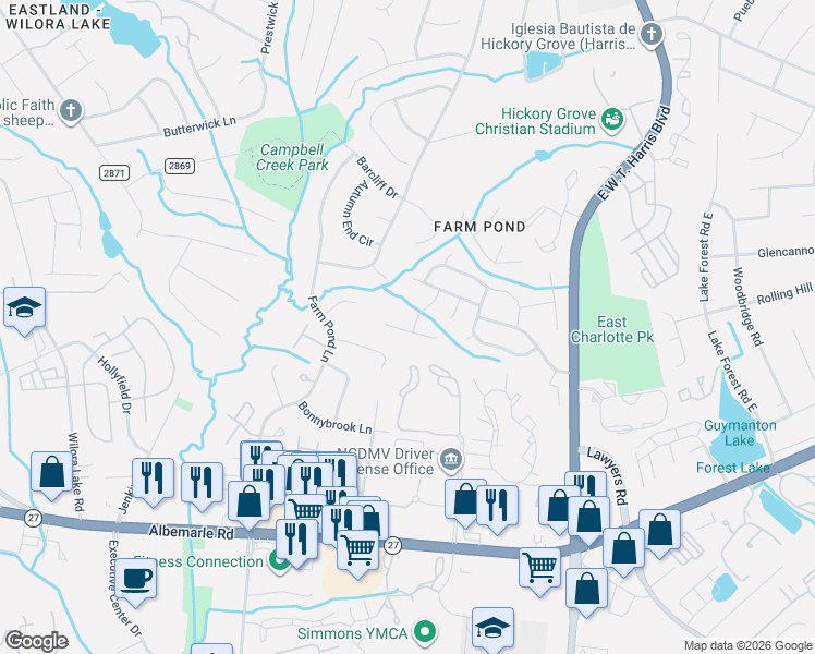 map of restaurants, bars, coffee shops, grocery stores, and more near 5044 Wallace Creek Lane in Charlotte