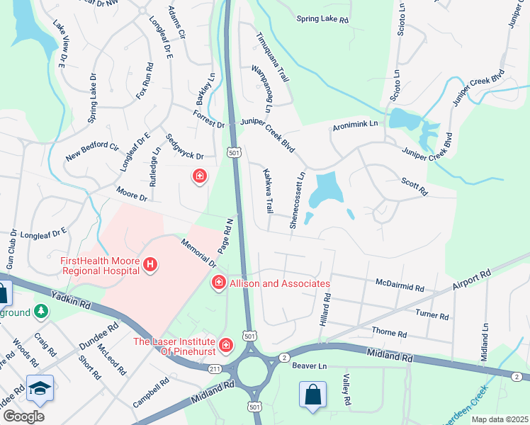 map of restaurants, bars, coffee shops, grocery stores, and more near 7 Kahkwa Trail in Pinehurst