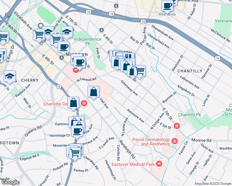 map of restaurants, bars, coffee shops, grocery stores, and more near 2124 East 5th Street in Charlotte
