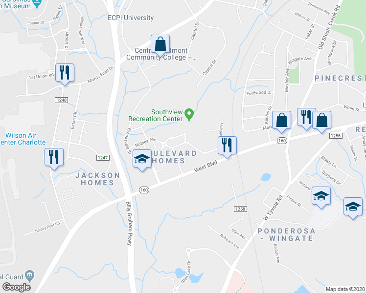 map of restaurants, bars, coffee shops, grocery stores, and more near 3201 Nobles Avenue in Charlotte