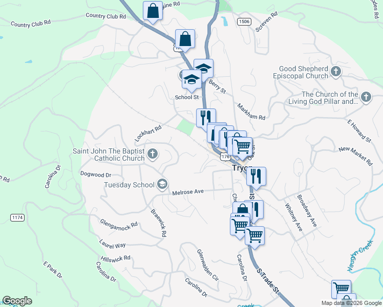 map of restaurants, bars, coffee shops, grocery stores, and more near 75 Lanier Street in Tryon