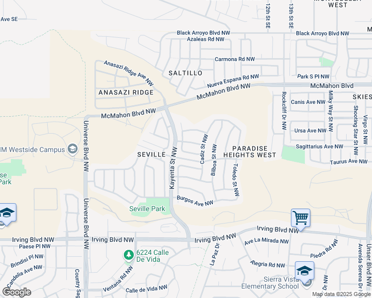 map of restaurants, bars, coffee shops, grocery stores, and more near 6131 Loro Avenue Northwest in Albuquerque