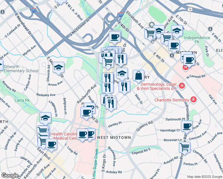 map of restaurants, bars, coffee shops, grocery stores, and more near 632 Cherry Street in Charlotte