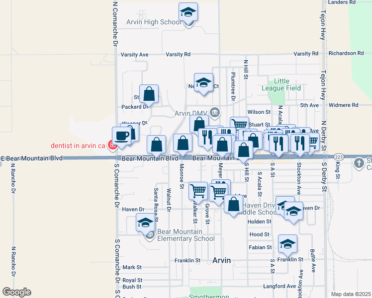 map of restaurants, bars, coffee shops, grocery stores, and more near 942-1098 Bear Mountain Blvd in Arvin